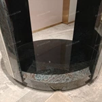 Round Marble-Top Sofa Side Table with Fan-Pattern Leather Panels, Open Shelf and Stainless Steel Trim